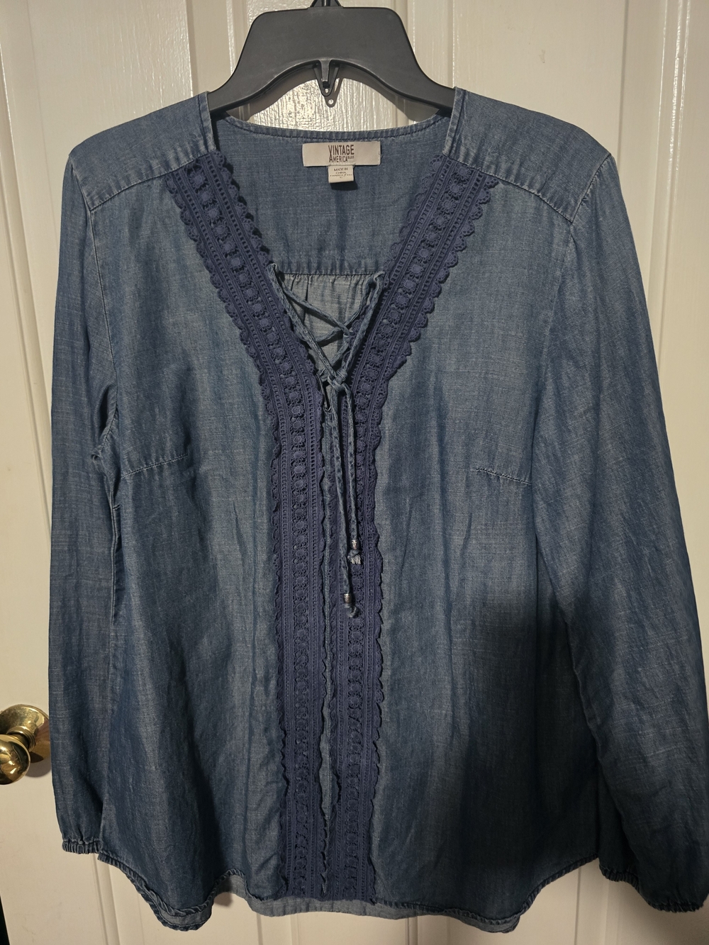 Denim Blue Lace-Up Peasant Blouse